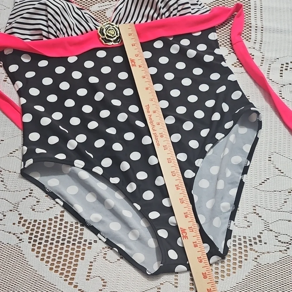 NWT Pink and Black One Piece Swimsuit with Halter Neckline